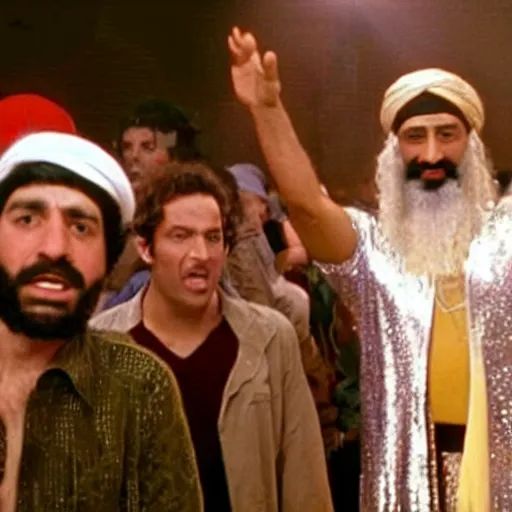 Image similar to A still of Osama Bin Laden wearing a disco suit in Saturday Night Fever