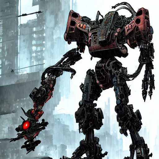 Prompt: a post-apocalyptic cyberpunk grimdarka mecha in the style of leonard boyarsky in the style of Yoji Shinkawa detailed realistic HD 8k High Resolution