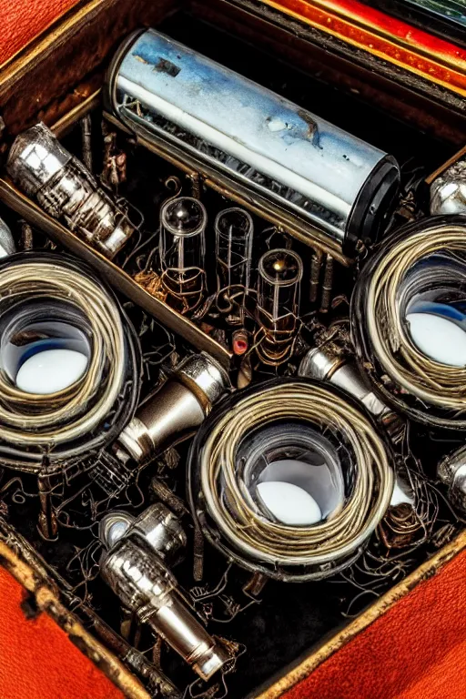 Prompt: A photo of a very old opened camera with vacuum tubes, capacitors and coils inside by Annie Lebovitz and Steve McCurry, grungy Ultra detailed, hyper realistic, 4k