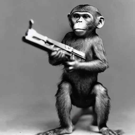 Image similar to old photo world war, a monkey wearing a helmet armed with a rifle, detailed