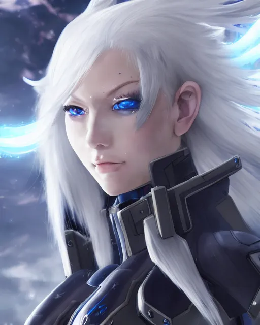 Image similar to perfect white haired girl, warframe armor, beautiful, dreamy, half asian, pretty face, blue eyes, detailed, windy weather, scifi platform, laboratory, experiment, 4 k, ultra realistic, epic lighting, cinematic, high detail, masterpiece, akihito tsukushi