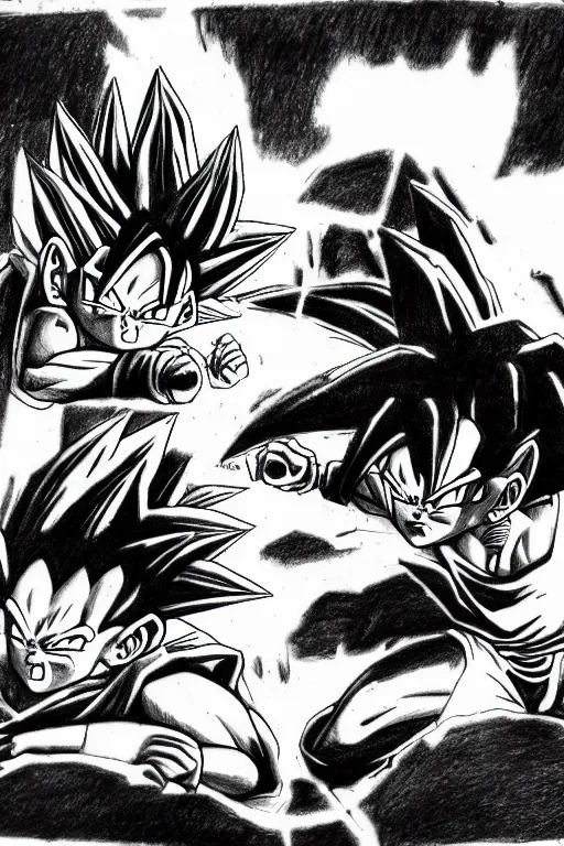 prompthunt: realistic drawing of goku fighting vegeta in black and white on  the planet namek