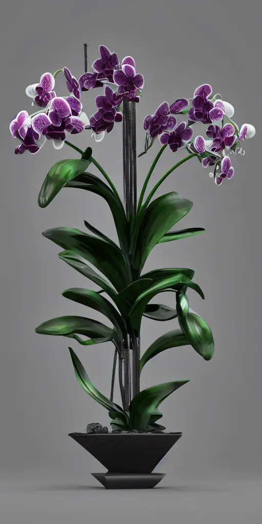 Image similar to 3 d render of an orchid sculpture, chrometype, liquid metal, neotribal, raytraced, volumetric lightning, 8 k, innate studio