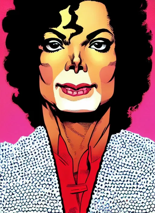 Image similar to dynamic macro head portrait of beautifu michael jackson super hero in white sequined jacket by cory walker and ryan ottley and jack kirby and barry windsor - smith, comic, illustration, photo real