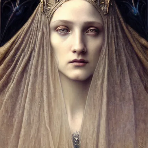 Image similar to detailed realistic beautiful young medieval queen face portrait by jean delville, tom bagshaw, brooke shaden, gustave dore and marco mazzoni, art nouveau, symbolist, visionary, gothic, pre - raphaelite, ornate gilded medieval icon, surreality, ethereal, unearthly, haunting, celestial, neo - gothic, ghostly, memento mori