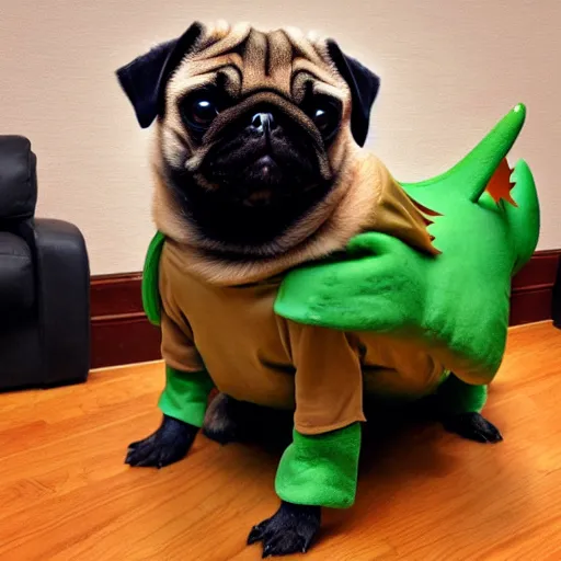 Image similar to a pug wearing a dinosaur costume, photo