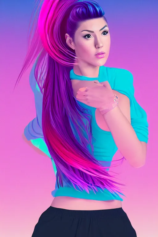 Prompt: a award winning half body portrait of a beautiful woman in a croptop and cargo pants with ombre purple pink teal hairstyle with head in motion and hair flying, outrun, vaporware, flat illustration, digital art, trending on artstation, highly detailed, fine detail, intricate