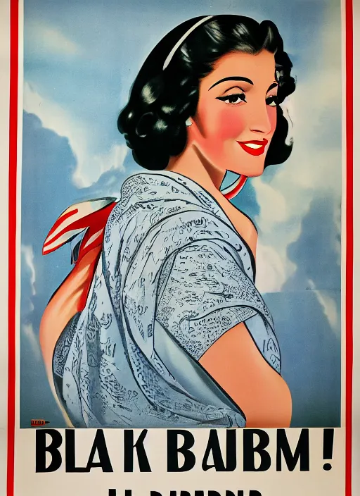 Image similar to beautiful black-haired arab woman, 1940s propaganda poster, full hd,highly detailed