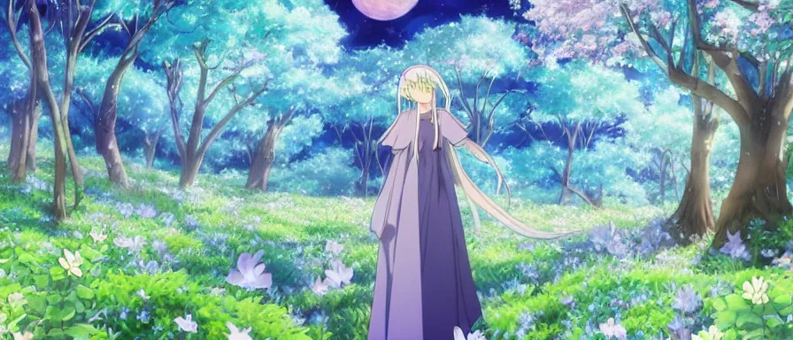 Prompt: illyasviel walking through enchanted ghibli clover Forest • Bright Big Moon at Blue Night • Trees with white flowers • bioluminescent blue FLOWERS • strong blue rimlit • visual-key • anime illustration • highly detailed High resolution • Light Novel • Visual Novel • In the style of Kimi-No-Wa • brilliant vibrant saturated dark colors • Digital-watercolor