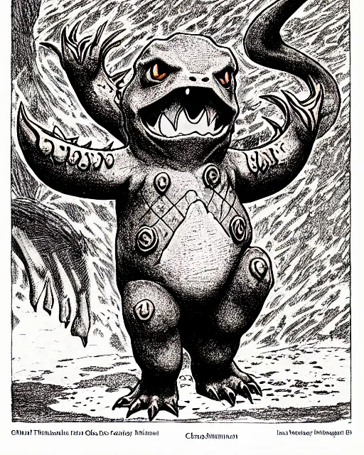 Image similar to charmander as a d & d monster, full body, pen - and - ink illustration, etching, by russ nicholson, david a trampier, larry elmore, 1 9 8 1, hq scan, intricate details, stylized border