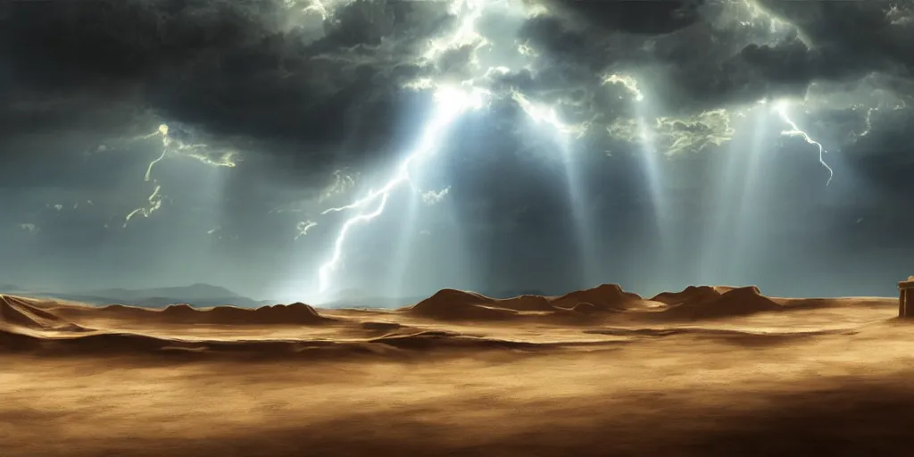 Image similar to a wide desertic matte painting landscape with ancient temple buried in the sun. big sand dunes. dramatic sky with storm clouds and sunrays by goya. eerie lighting. photorealistic. artstation. hd.
