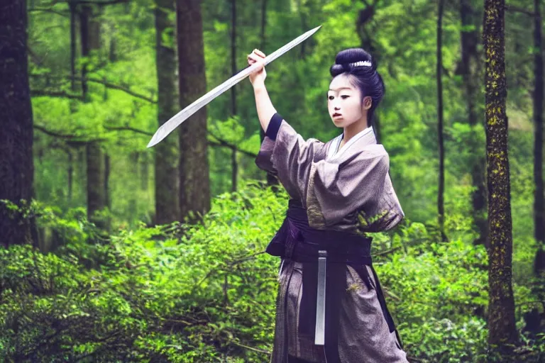 Prompt: beautiful photo of a young modern geisha samurai practising the sword in a forest, mid action swing, symmetrical face, beautiful eyes, huge oversized sword, award winning photo, muted pastels, action photography, 1 / 1 2 5 shutter speed, dramatic lighting, anime set style