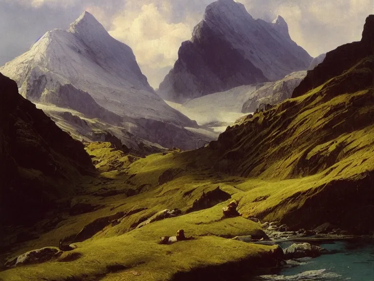 Image similar to an oil painting of an alpine river and a distaint mountain in Scotland on a beautiful morning by beksinski carl spitzweg and tuomas korpi. baroque elements, full-length view. baroque element. intricate artwork by caravaggio. Trending on artstation. 8k