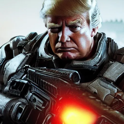 Prompt: Movie still of Donald Trump as ((the punisher)) in Gears of War, splash art, movie still, detailed face, photorealistic facial features, cinematic lighting, dramatic, octane render, long lens, shallow depth of field, bokeh, anamorphic lens flare, 8k, hyper detailed, 35mm film grain