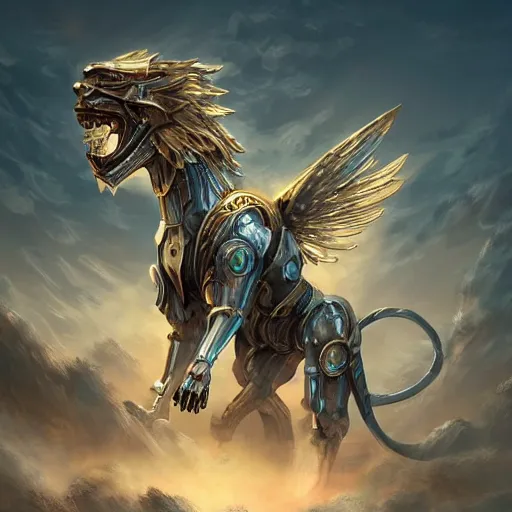 Prompt: the ancient world, hyper complexity, highly detailed, cinematic lighting, pastel colored sunrise, flying robotic lions with gold metal huge wings in the sky, sharp outlines, hyperrealistic, trending on pixiv fanbox, love death robot,