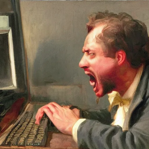 Image similar to an angry man yells at his computer monitor, oil on canvas, 1 8 8 3, highly detailed