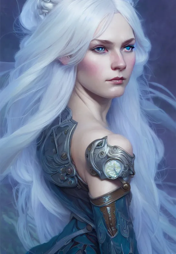 Image similar to portrait of fairy woman, d & d, blue eyes, white hair, face and full body, fantasy, intricate, elegant, highly detailed, digital painting, artstation, concept art, smooth, 8 k, sharp focus, illustration, art by artgerm and greg rutkowski and alphonse mucha