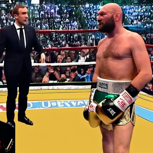 Image similar to emmanuel macron as tyson fury challenging muhammad ali for his heavyweight belt at the world championship, ultra realistic, uhd, 8 k, cinematic, golden hour, beautiful