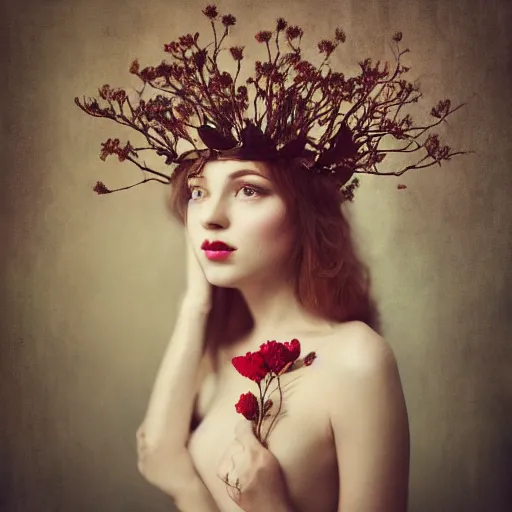 Prompt: full body fine art photo of the most beautiful woman, she has a crown of dried roses, by oleg oprisco