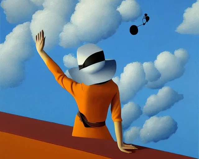 Image similar to a painting of a person waving hello, an ultrafine detailed painting by rafal olbinski, behance contest winner, pop surrealism, detailed painting, very detailed, minimalist, skeuomorphic, airbrush art