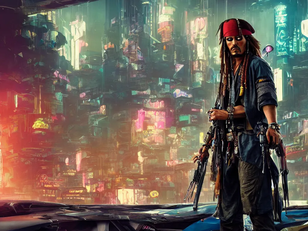 Image similar to jack sparrow in the game of cyberpunk 2 0 7 7, portrait, focus, 3 d illustration, sharp, intricate, poster, jack sparrow standing in front of the futuristic car, night city dystopian cyberpunk city in the background, holding a gun, photo, detailed photo, scene from blade runner