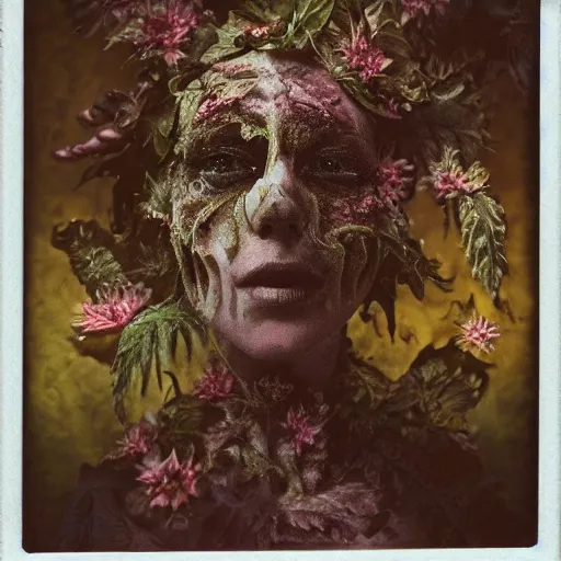 Image similar to a beautiful detailed front view portrait of a rotten woman corpse with fractal plants and fractal flowers growing around, volumetric light, beautiful lit, polaroid photography