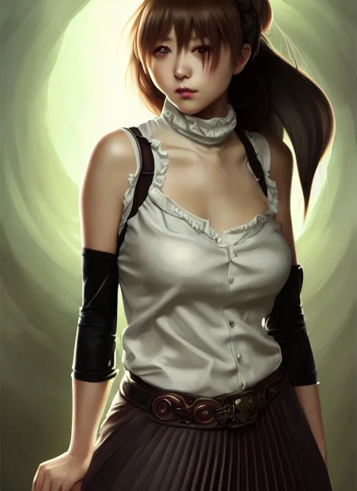 Image similar to portrait of a full body of beautiful young female detective, d & d, sleeveless turtleneck, pleated skirt, fantasy, flat lighting, intricate, highly detailed, digital painting, artstation, concept art, smooth, sharp focus, illustration, misa amane, art by simon bisley and greg rutkowski and alphonse mucha, natural tpose