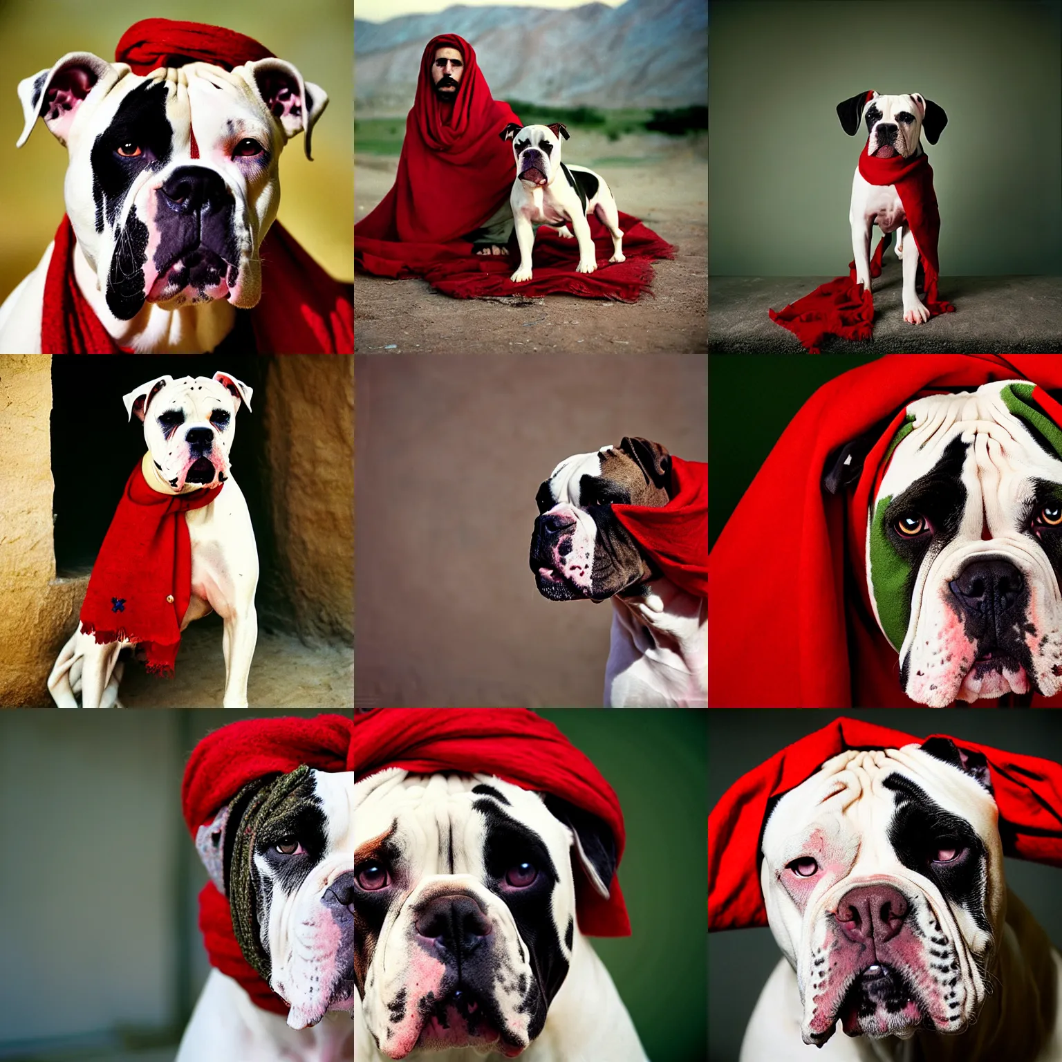 Prompt: portrait of american bulldog as afghan dog, green eyes and red scarf looking intently, photograph by steve mccurry