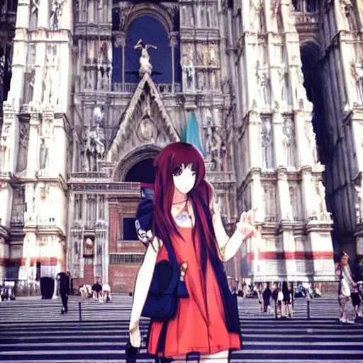 Image similar to “anime girl in front of the duomo cathedral in Milano, pixiv anime”