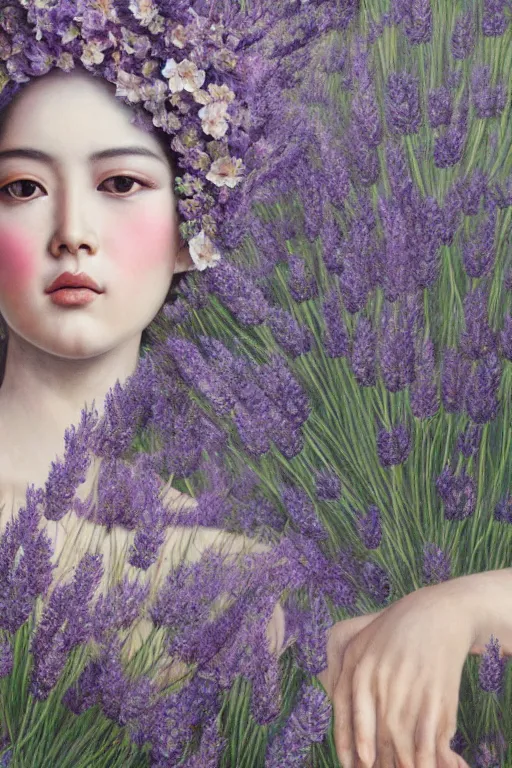 Prompt: hyperrealism close-up mythological portrait of a huge number of lavender flowers merged with with asian female, silver palette, pale skin, wearing dark silk robe, in style of classicism