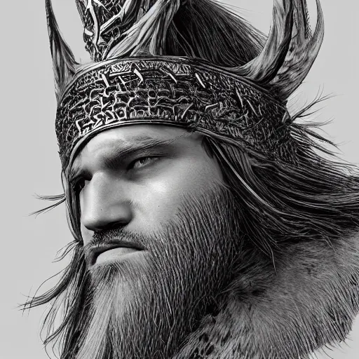 Image similar to of valhalla viking headgear with flaming red hair, fine detail, texture, extreme detailed drawing, trending on artstation, hyperreal