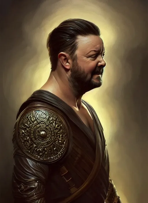 Prompt: portrait of ricky gervais, d & d, muscular! fantasy, intricate, leather robes, elegant, highly detailed, digital painting, artstation, concept art, smooth, sharp focus, illustration, art by artgerm and greg rutkowski and alphonse mucha