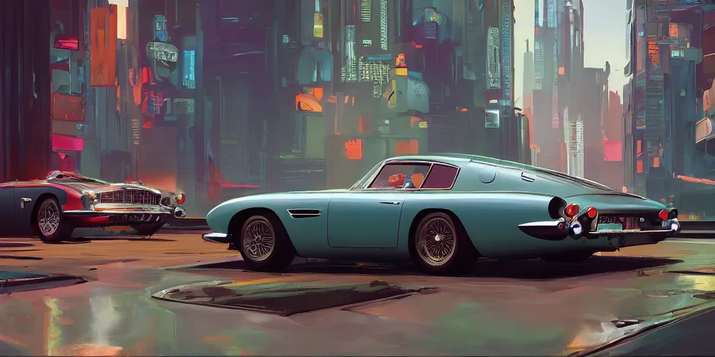 Image similar to art style by Ben Aronson and Edward Hopper and Syd Mead, wide shot view of the Cyberpunk 2077, on ground level. full view of the Aston Martin DB4 1958 with wide body kit modification and dark pearlescent holographic paint, has gullwing doors open.