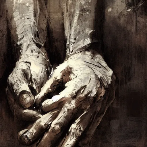 Prompt: weathered hands griping an aged baseball, by jeremy mann, anders zorn, greg rutkowski.