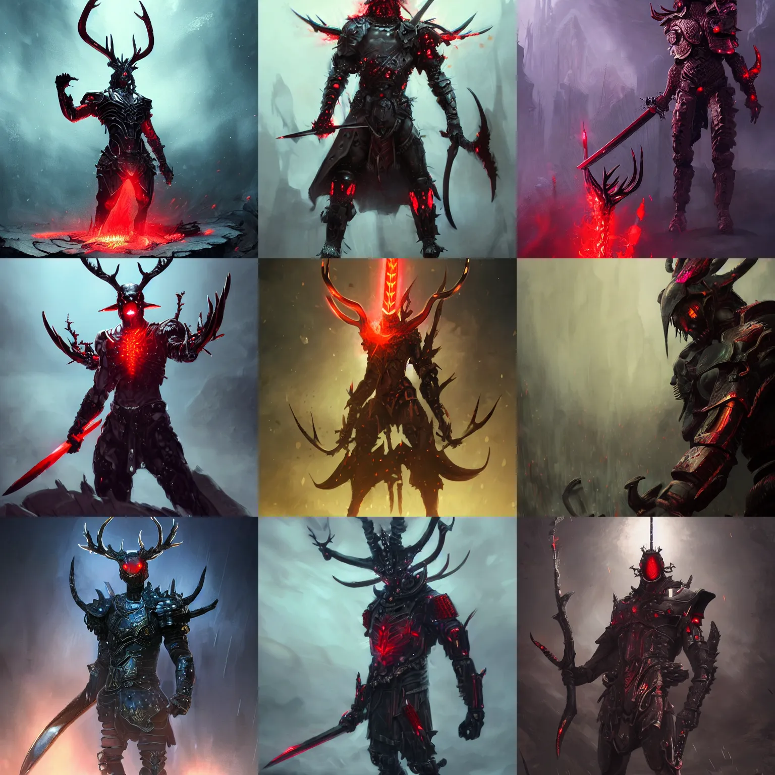 Prompt: legendary warrior with a body of red thick iridescent metal scales, dark and ominous, cybernetic, powerful, 3 d character concept artwork, sword antlers, realistic, gothic, evil, gritty, matte, fire, detailed, rich iridescent colors, makoto shinkai, greg rutkowski, colorful, cgi, hd