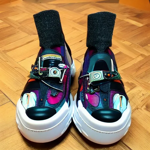 Prompt: balenciaga sneakers, biomorphic, robot, colorful, highly detailed, hyper realistic,