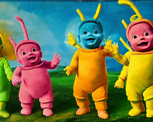 Image similar to a 1 6 0 0 s painting of the teletubbies