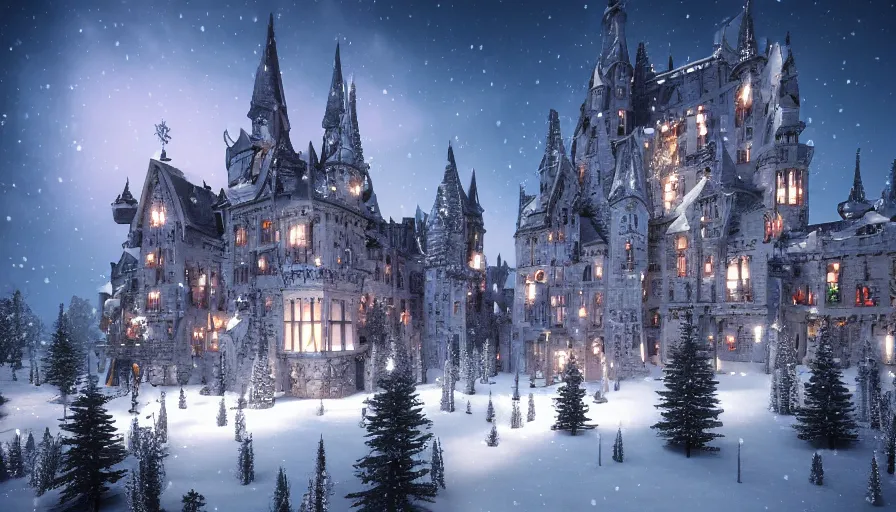 Prompt: Neo-Gothic castle with Christmas light built in a middle of a snowy land with illuminated mountains far behind at night, Christmas trees and snowmen outside hyperdetailed, artstation, cgsociety, 8k