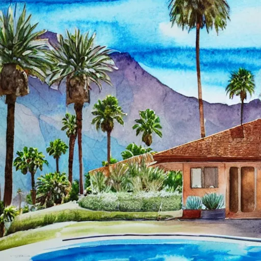 Prompt: a topographical watercolor painting of a 2 story house, butterfly roof, mid century, triangular windows, palm tree in front yard, mountains in background, palm springs, highly detailed artwork, planet in the sky