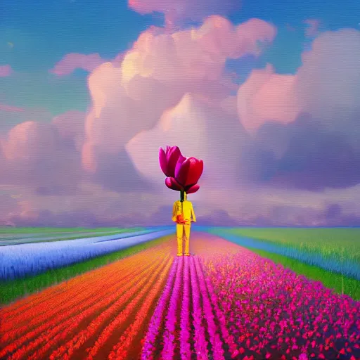 Image similar to tulip head, girl floating in a flower field, surreal photography, sunrise dramatic light, impressionist painting, colorful clouds, digital painting, artstation, simon stalenhag