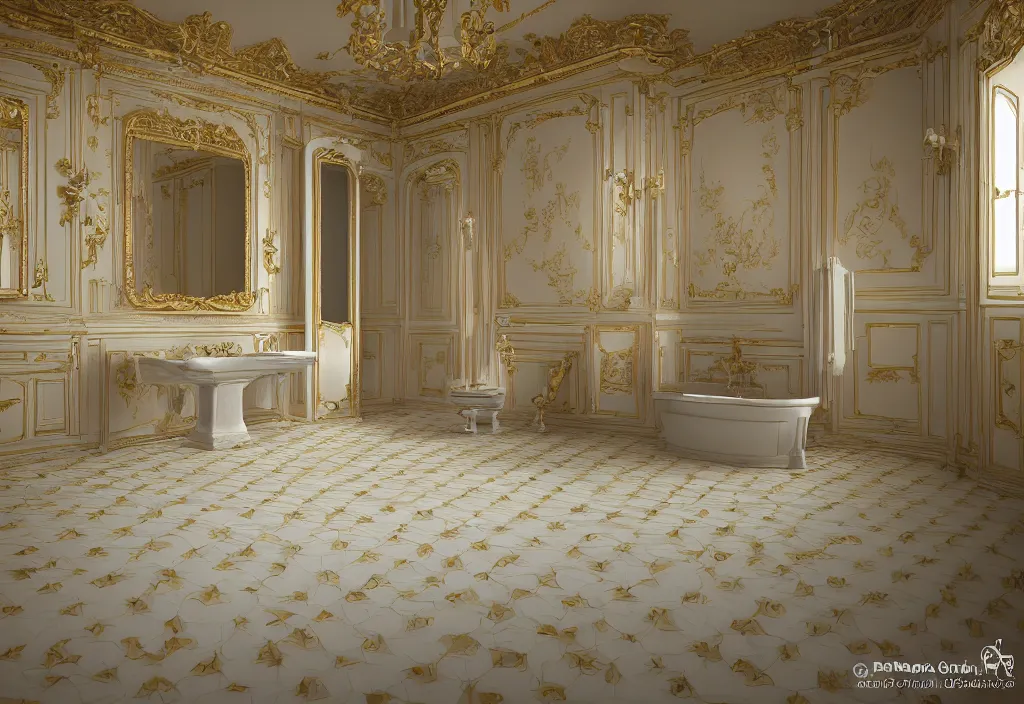 Image similar to kodak portra 4 0 0 photographic and realistic, interior of a bathroom in style of royal palace, detailed, octane render, unreal engine, 4 k, artstation, hyper realistic, wide angle, floor flooded, how a river, objects that float, 3 5 mm, sharp focus, soft light, volumetric light, in the style of gregory crewdson