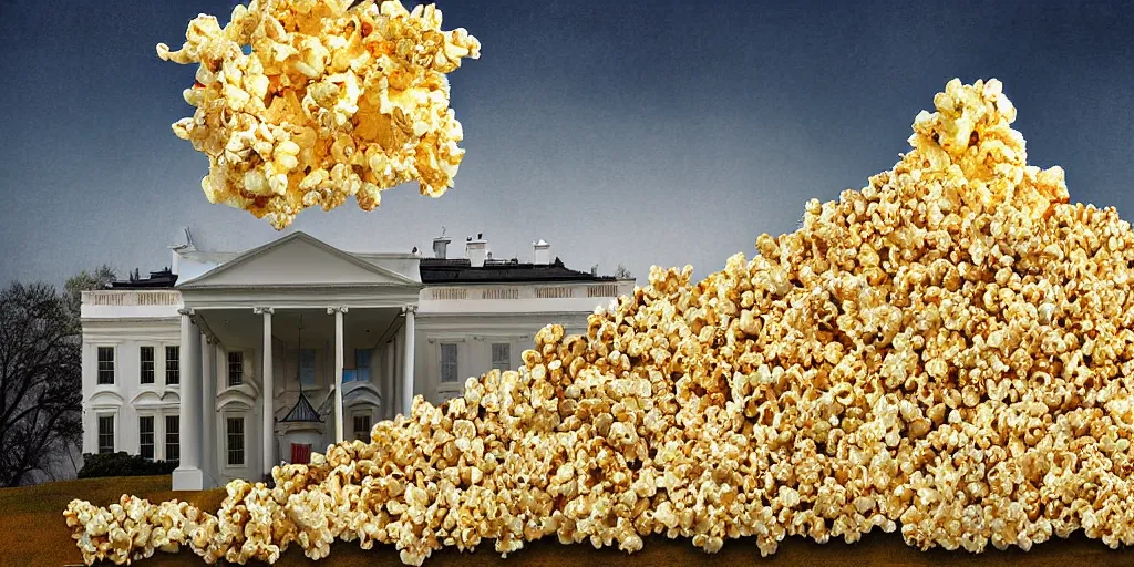 Prompt: mountain of popcorn burying the White House digital art high detail