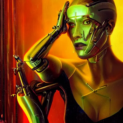 Image similar to detailed face of a biomechanical woman, moment, cyberpunk cloisters, electronic billboards, tech noir, wet reflections, prism, atmospheric, ambient, pj crook, syd mead, livia prima, greg rutkowski, edward hopper