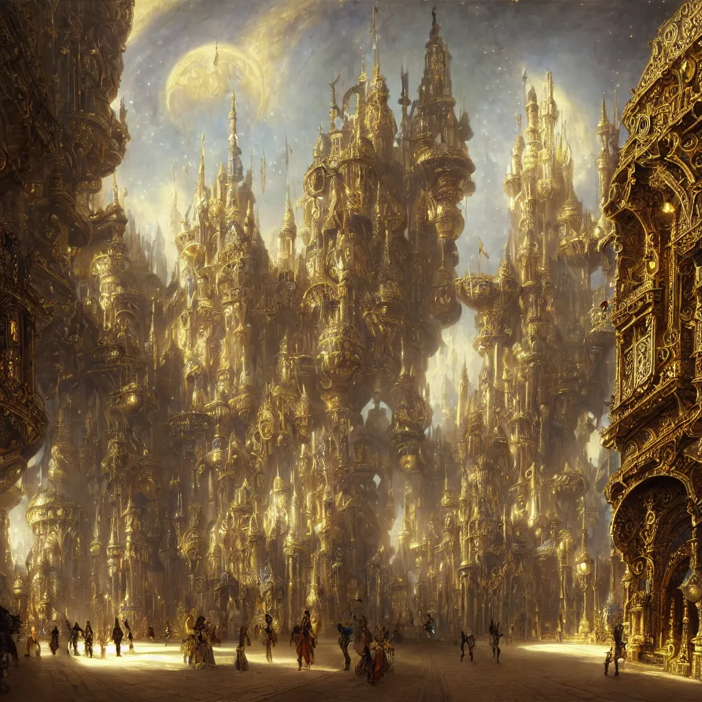 Prompt: symetrical highly detailed ornate with jewels and precious metals futuristic, sandman kingdom, close up in the bg entrance castle kingdom of dreams, space ships, hiperrealistc, global illumination, radiant light, detailed and intricate environment. art by andreas achenbach