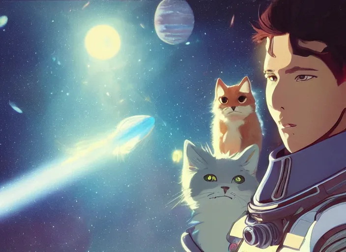 Image similar to a space handsome gay guys and their 1 0 pet space cats staring role in a musical sci - fi space opera ghibli animated film, volumetric lighting, octane render by stanley artgerm lau, greg rutkowski, thomas kindkade, alphonse mucha, loish, norman rockwel, 8 k greg rutkowski