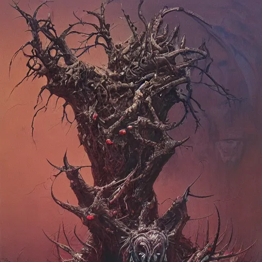 Prompt: Twinthorn Harmaster, extremely detailed oil painting of a demon imp covered in thorns in a cursed ruined temple by zdzisław beksiński and Igor Kieryluk, trending on artstation