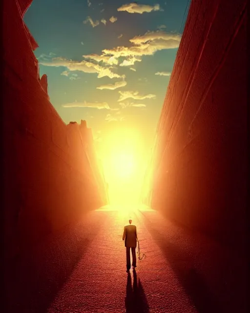 Image similar to a hyper - detailed 3 d render of walking off into the sunset, outrun sun, surrealism!!!!! surreal concept art, lifelike, photorealistic, digital painting, aesthetic, smooth, sharp focus, artstation hd, by greg rutkowski, klimt and nixeu and ian sprigger and wlop and krenz cushart,