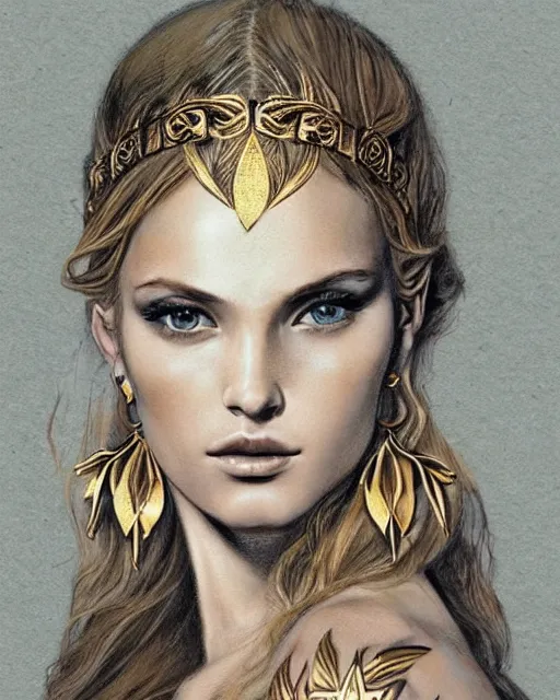 Image similar to tattoo design sketch of cute beautiful blonde super model as aphrodite greek goddess wearing a gold laurel wreath and triangle earrings, beautiful piercing gaze with sharp pupils, in the style of greg rutkowski, fantasy, amazing detail, epic, elegant, smooth, sharp focus, front view