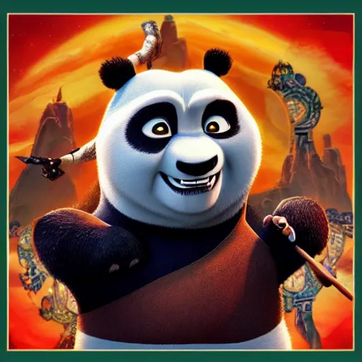 Image similar to epic music album cover, Kung Fu Panda, trending on Artstation, award-winning art