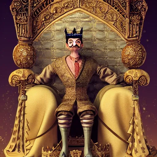 Prompt: Mr. Bean depicted as a medieval king on his throne, fantasy, intricate, ornate, Hyperdetailed, digital art, behance, artstation, smooth, sharp focus, bokeh, illustration, digital painting, elegant, symmetrical